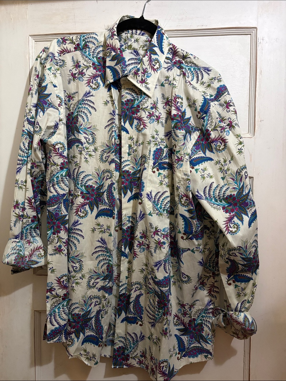 Alan Flusser Cream Button-Down Shirt with Blue & Purple Paisley Print